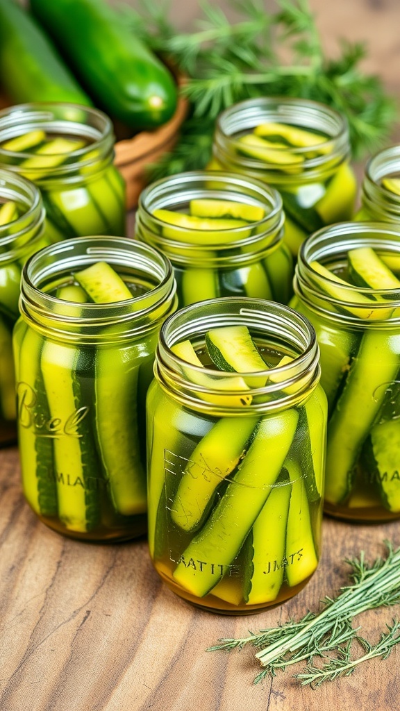 Jars of crispy dill pickles on a wooden table with fresh cucumbers and dill.